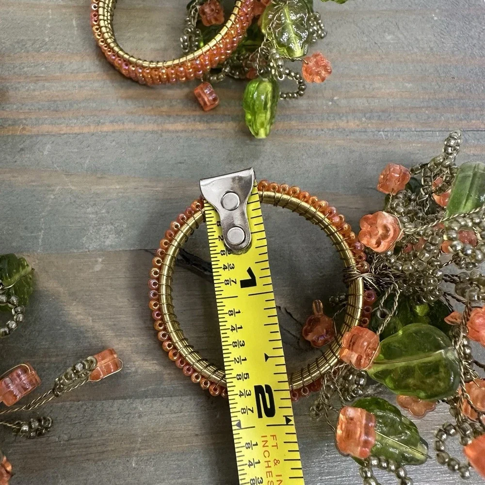 Lot of 8 Beaded Napkin Rings Peach Flowers Green Leaves Flower Spray